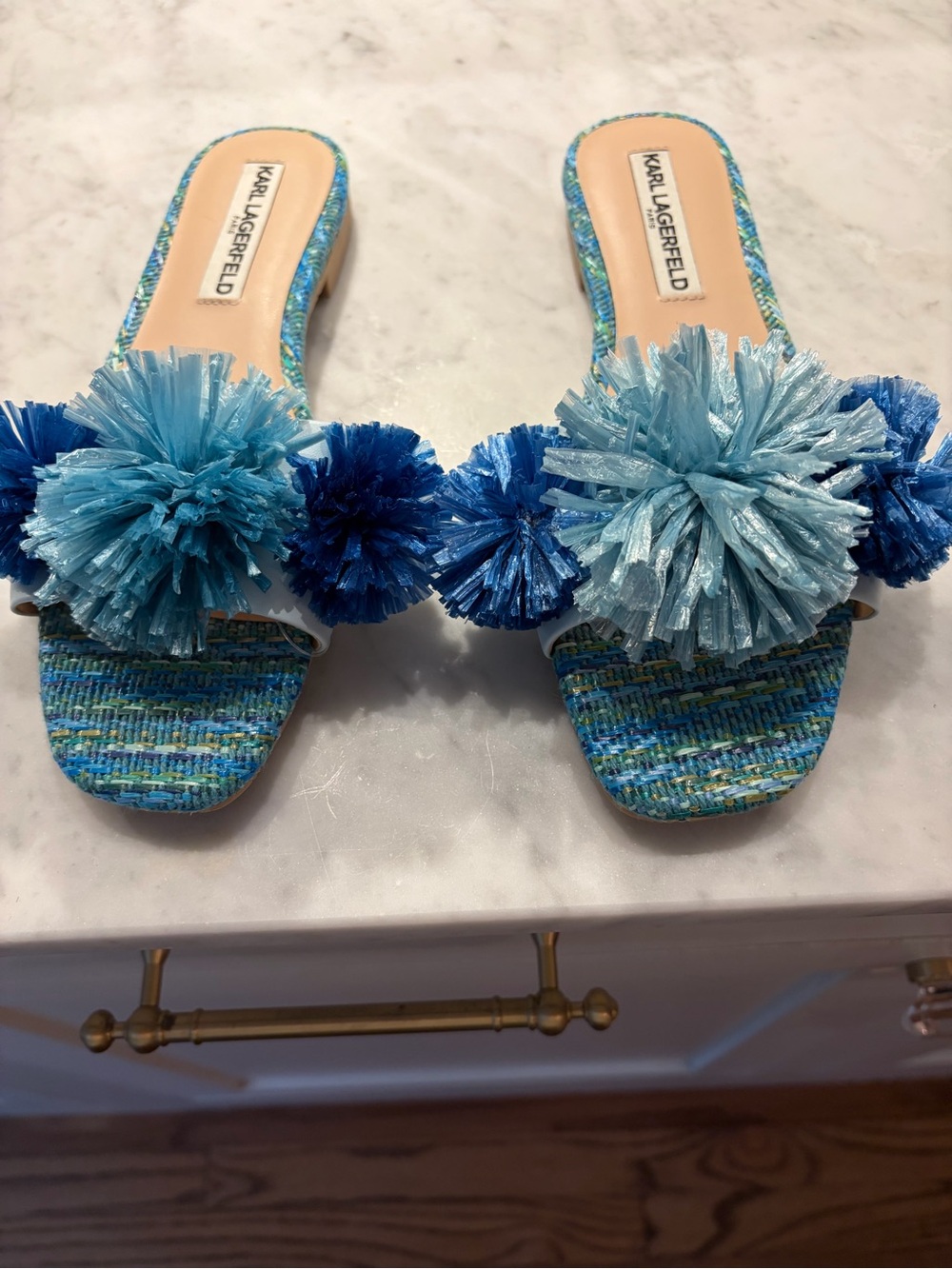 New w/ Tags Karl Lagerfeld Blue Multi Tweed Pom-Pom Slides